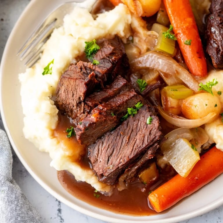 Hearty slow cooker pot roast topped with rich gravy and buttery mashed potatoes.  