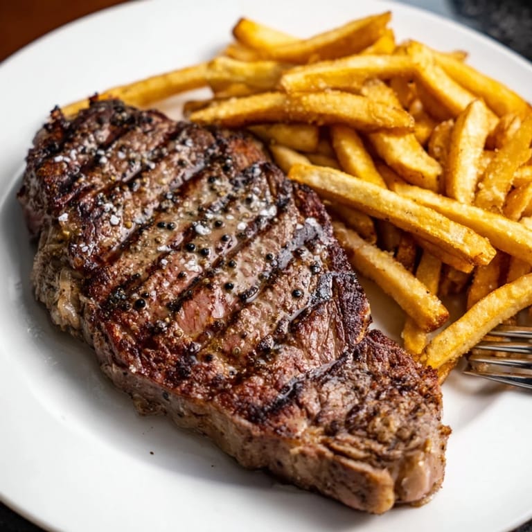 Juicy ribeye steaks coated in crushed peppercorns and paired with crispy fries. 
