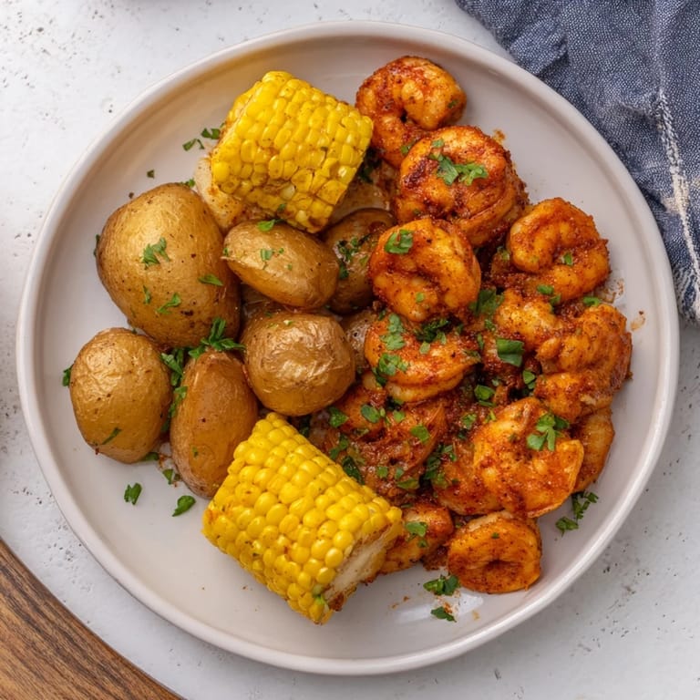 Close-up of a delectable Cajun Shrimp & Sweet Corn Platter, featuring juicy shrimp, corn, and roasted potatoes.