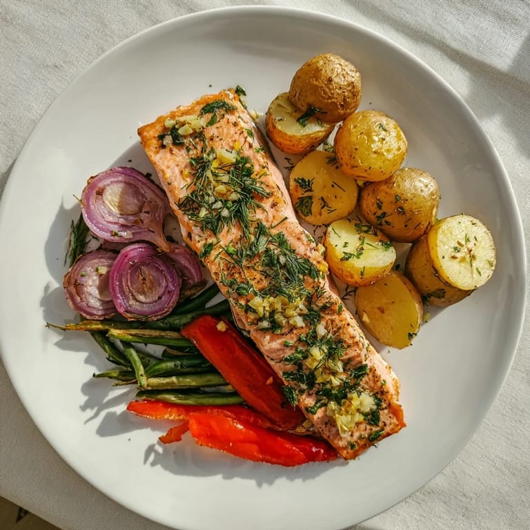 Zesty aroma of fresh herbs and lemon from a Lemon Herb Salmon & Potato Sheet Pan, a healthy American dinner.