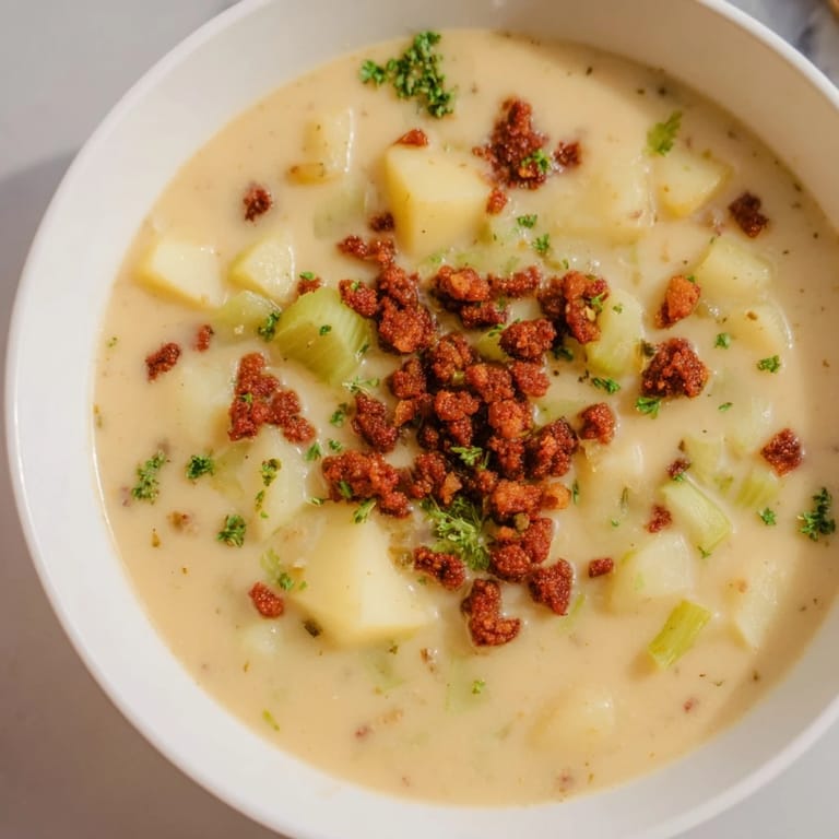 Creamy Potato, Leek & Chorizo Soup, showing vibrant chorizo slices and rich, steaming broth in a bowl.