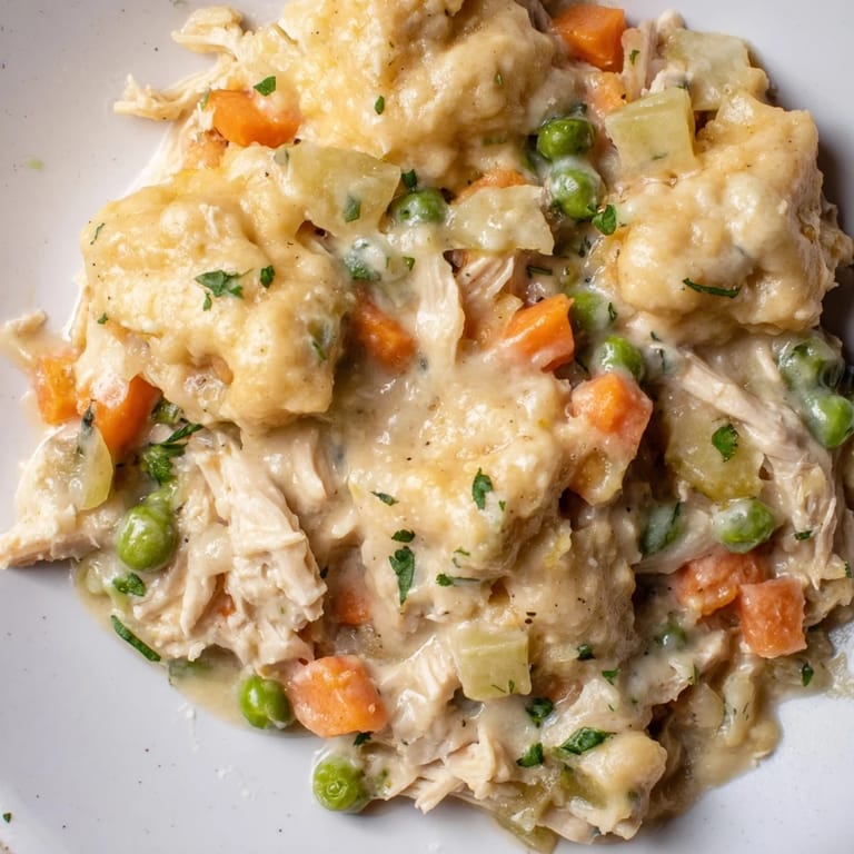 A close-up of a steaming Chicken and Dumplings Casserole, perfect comfort food for a chilly evening.