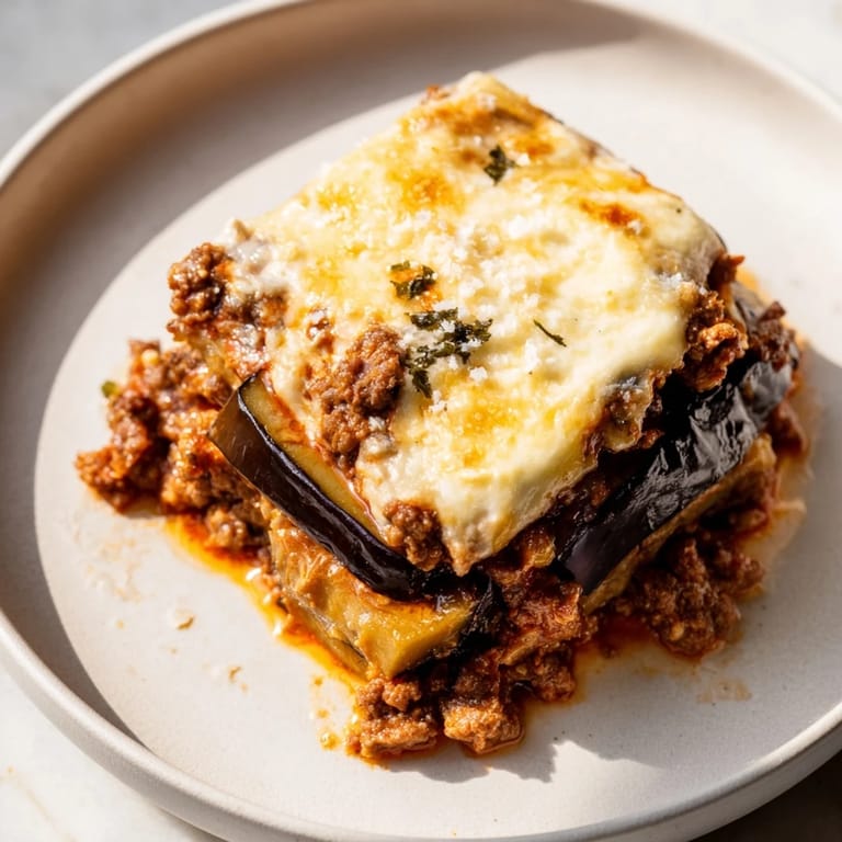 Homemade moussaka, baked to perfection, suggests a warm, aromatic casserole with creamy béchamel.