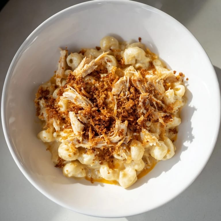 Warm baked Classic Mac & Cheese with BBQ Chicken, a family favorite with cheese and tender shredded chicken.