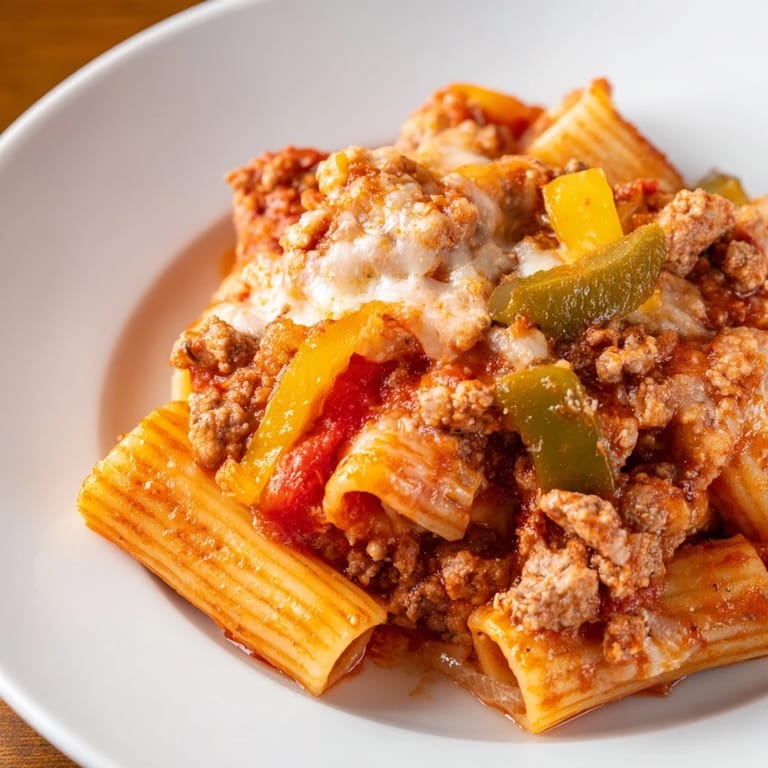 Close-up of hearty Baked Rigatoni with Sausage & Peppers, showcasing chunky sausage and colorful peppers.