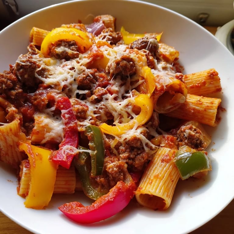 Golden-topped Baked Rigatoni with Sausage & Peppers, a comforting Italian casserole, ready to serve with fresh herbs.