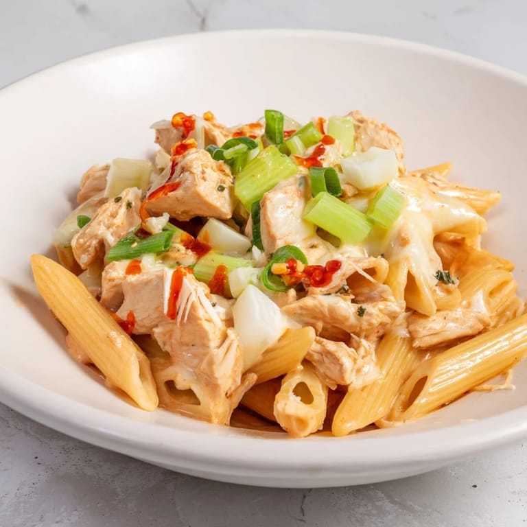 A close-up of a flavorful Buffalo Chicken Pasta Skillet, ready for a delicious family dinner.