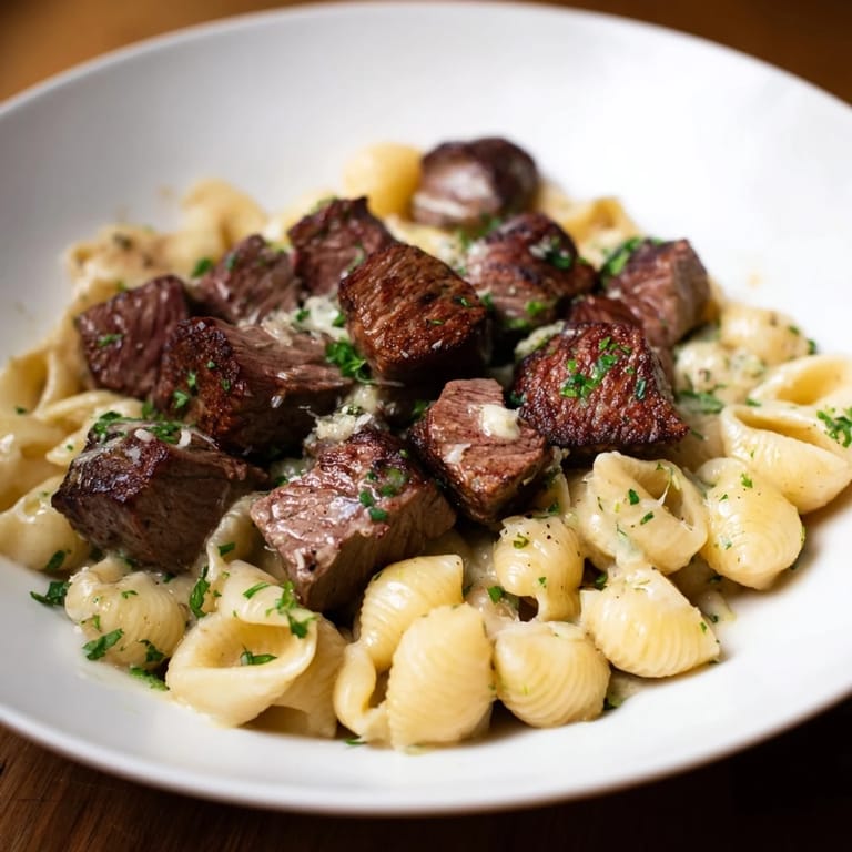 Sizzling garlic butter coats these tender garlic butter steak bites, nestled with cheesy pasta.