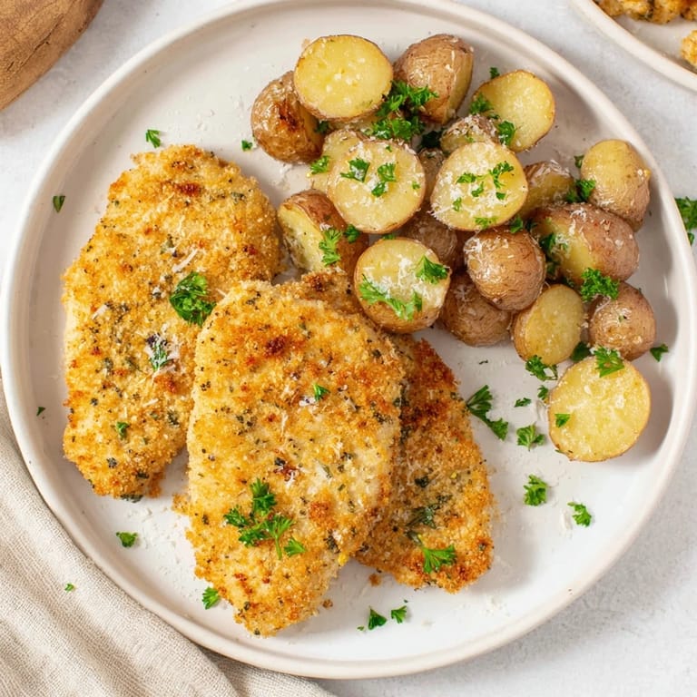 This image shows roasted, perfectly cooked Parmesan crusted chicken & potatoes ready to enjoy.