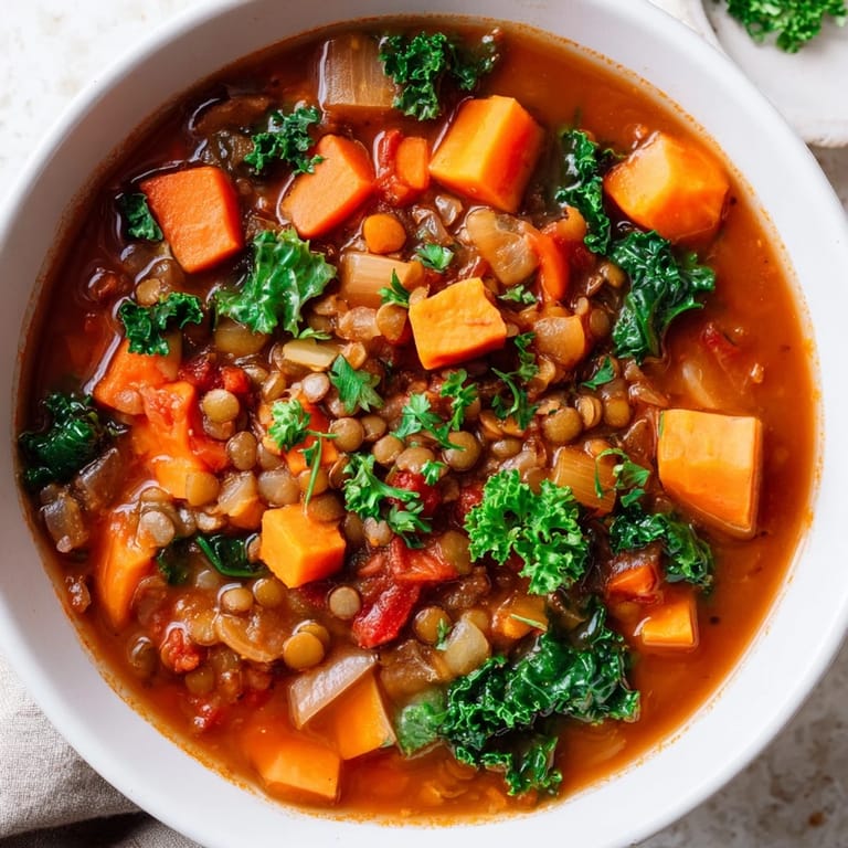 Close-up of a rustic Winter Vegetable & Lentil Soup featuring tender lentils and vibrant vegetables.