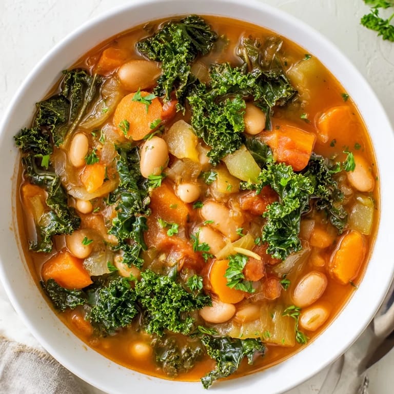 Close-up of a warm bowl filled with flavorful Italian Bean & Kale Stew, garnished with fresh parsley.