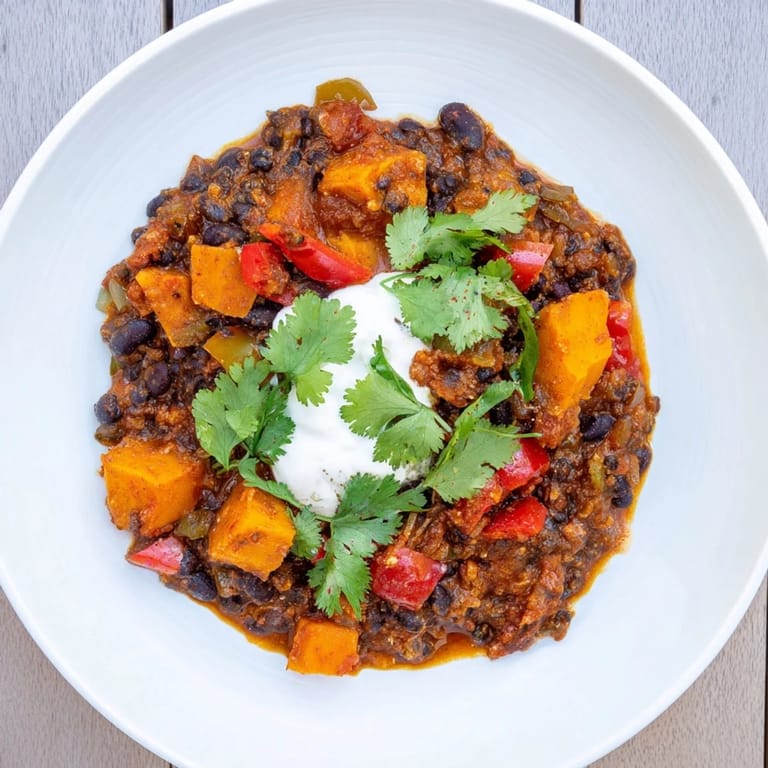 A colorful close-up of the flavorful Sweet Potato & Black Bean Chili, ready to be enjoyed.