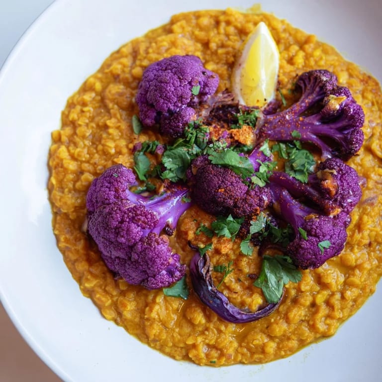 Enjoy a warm and aromatic bowl of Red Cabbage, Cauliflower & Coconut Dhal with fresh cilantro.