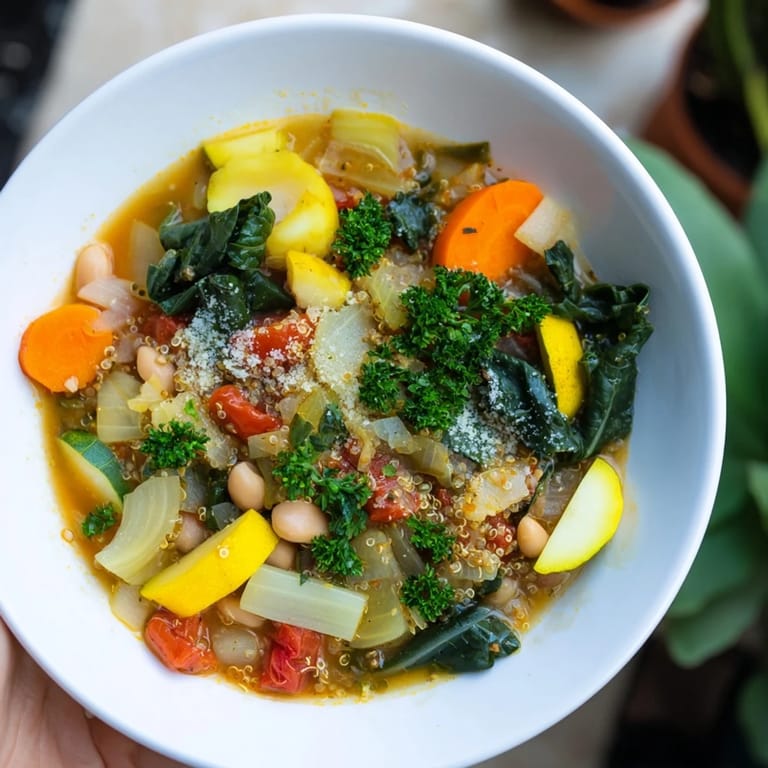 Rustic, delicious Minestrone with Quinoa; the fresh, vibrant recipe is ready to serve.