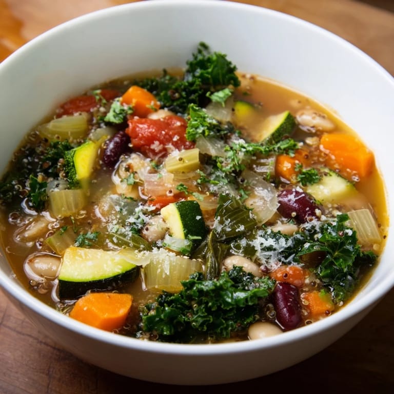 A hearty, colorful close-up of Minestrone with Quinoa, perfect for a warming soup.