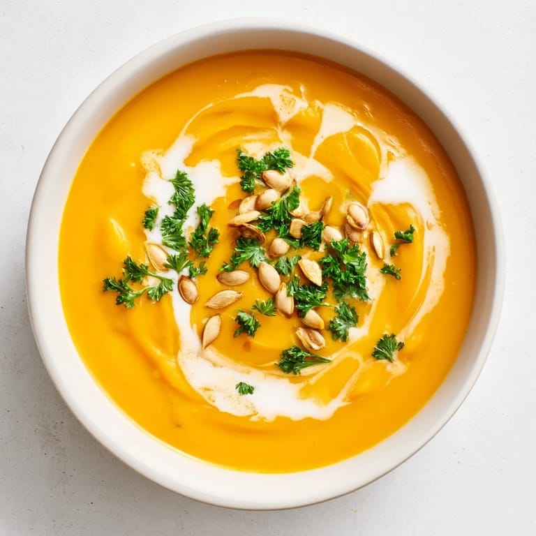 A steaming bowl of vibrant Butternut Squash & Pear Soup, ideal for a cozy, flavorful fall dinner.