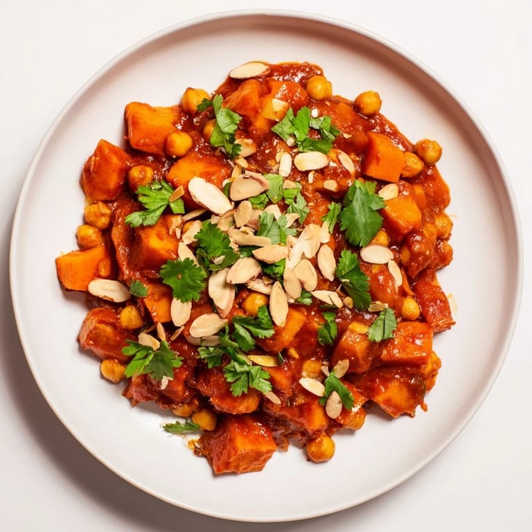 Enjoy a hearty bowl of Moroccan Chickpea & Sweet Potato Tagine, a comforting vegan dish, perfect for a chilly evening.