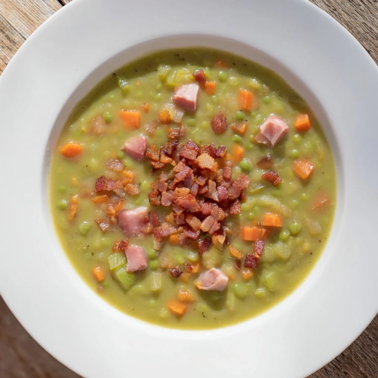 Close-up of hearty Split Pea Soup featuring chunks of ham and a sprinkle of bacon.
