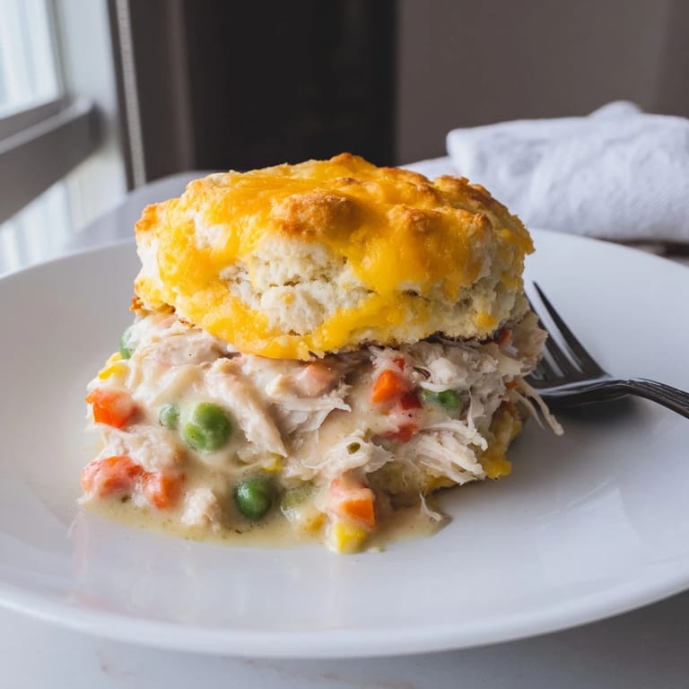 Steaming One-Pan Chicken Cobbler, a hearty meal with tender chicken and fluffy cheddar biscuits.
