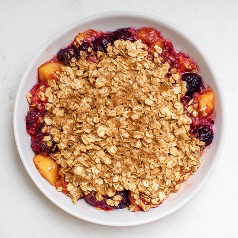 Homemade Fruit Crisp with tender, frozen fruit inside, ready to be served warm with cool vanilla ice cream.