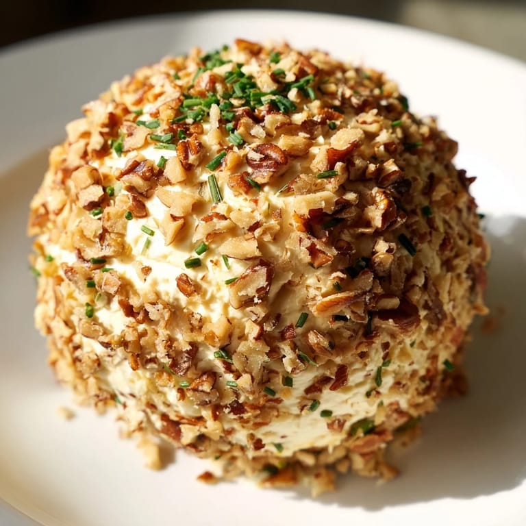 This photo shows a rounded Classic Cheese Ball with Ranch Seasoning, speckled with green herbs and nuts.