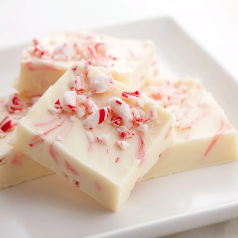 This decadent White Chocolate Peppermint Bark Fudge appears rich, with a swirled peppermint top.