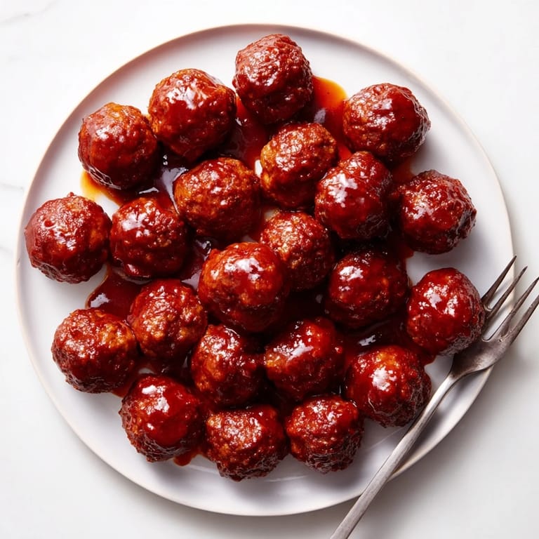 Tender ground beef cherry-glazed meatballs, coated in a glossy sauce, offer a wonderful American classic.