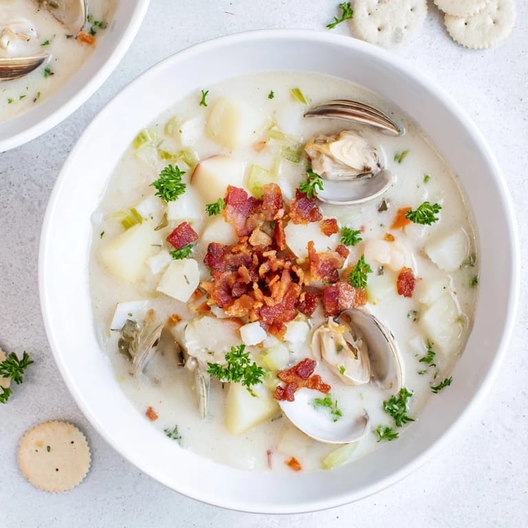 A steaming bowl of fresh New England Clam Chowder, thick and rich with tender clams.