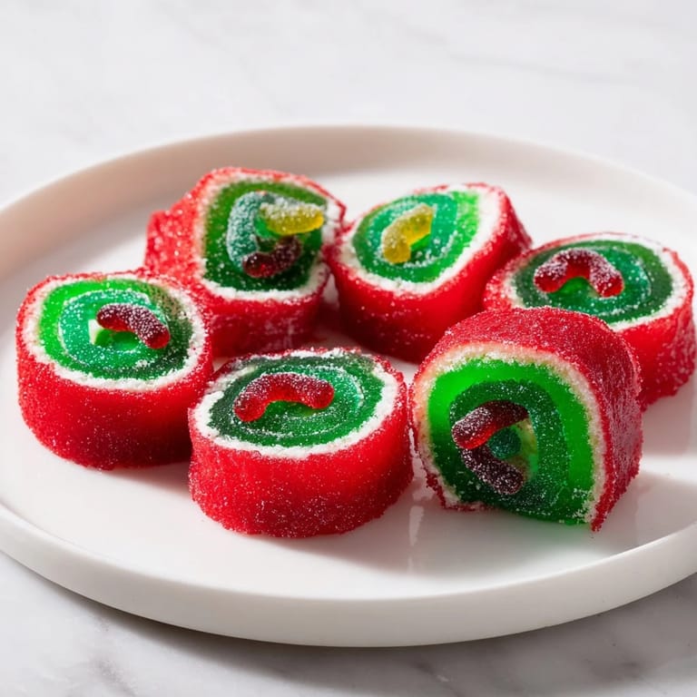 Colorful holiday Easy Christmas Fruit Rollup Sushi, showing the fun sushi roll layers with gummy worms.