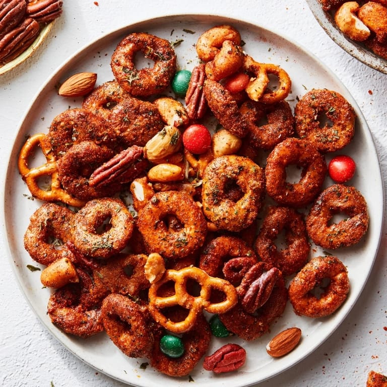 Homemade air fryer bagel chip Christmas mix: a sweet and savory holiday snack with a buttery glaze.