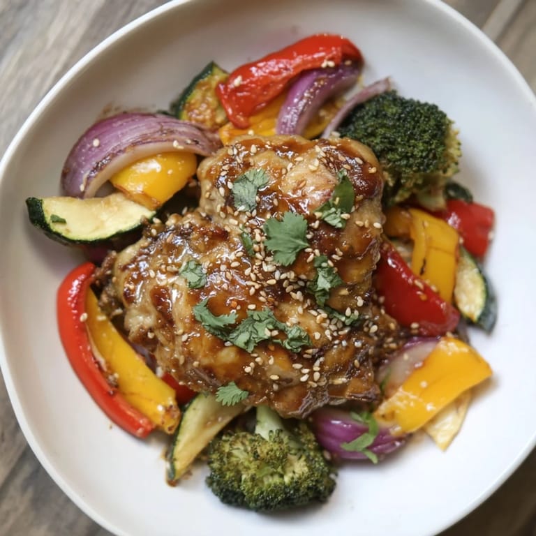 A mouthwatering shot of Spicy Honey-Garlic Chicken Sheet Pan, with tender chicken and colorful, roasted vegetables visible.