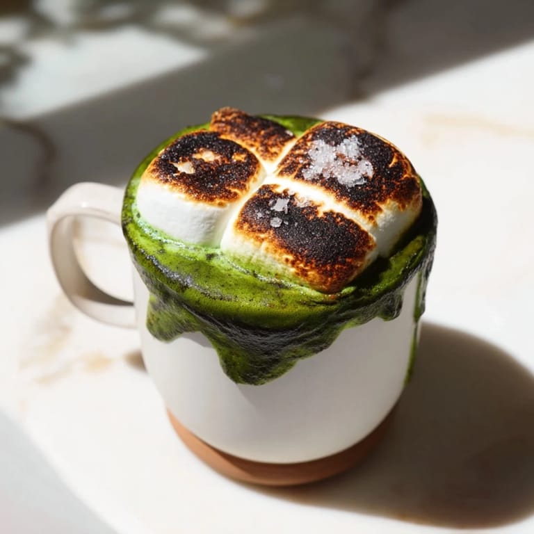 Enjoy a rich, decadent toasted marshmallow campfire matcha hot cocoa, perfect for chilly evenings.