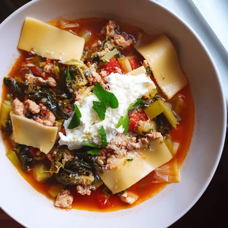 Vibrant image of a rich Healthy Lasagna Soup Christmas Pasta Bowl, perfect for a cozy holiday dinner.