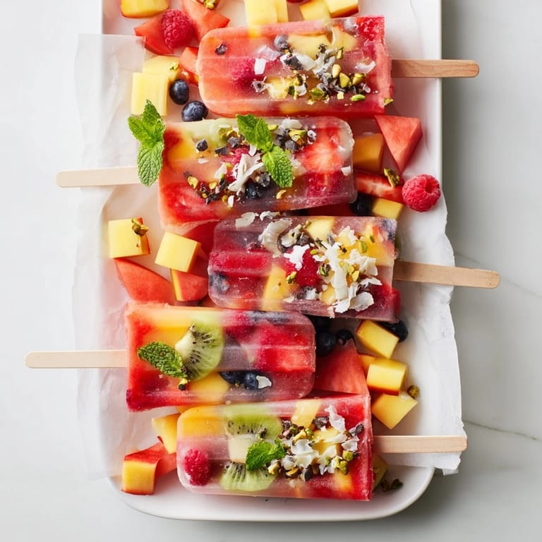 Homemade Summer Popsicle Board, showing a beautiful arrangement of frozen treats with fresh fruit and coconut.
