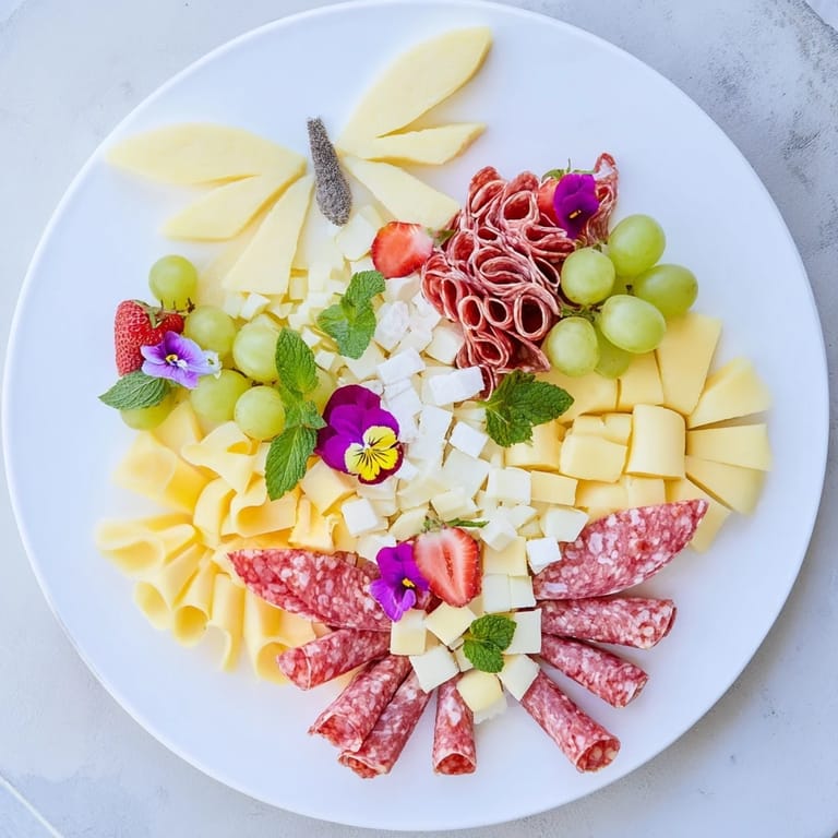 Delectable Butterfly Summer Board displaying assorted cheeses, colorful fruit, and edible flowers arranged beautifully.