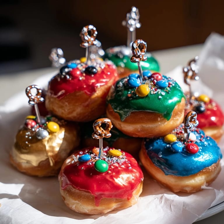 A close-up of a festive Donut Stack Christmas Ornament Tower, a sweet holiday dessert creation.