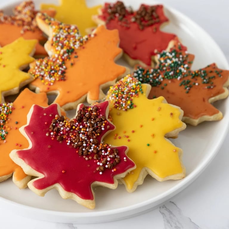 Freshly baked Maple Leaf Cookies, iced and topped, perfect for Autumn and seasonal gatherings.