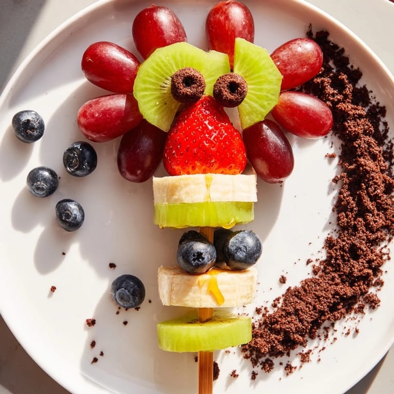 Sweet red grapes and blueberries make up the Caterpillar Fruit Skewer Track winding across a crumbly path.