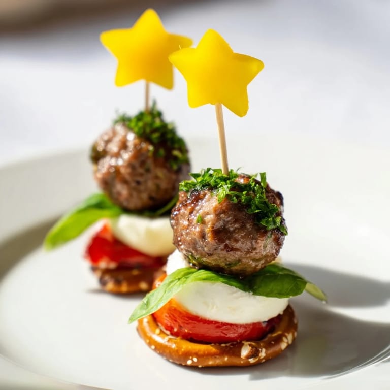 Christmas trees made of savory mini meatballs, topped with yellow pepper stars for a festive appetizer.
