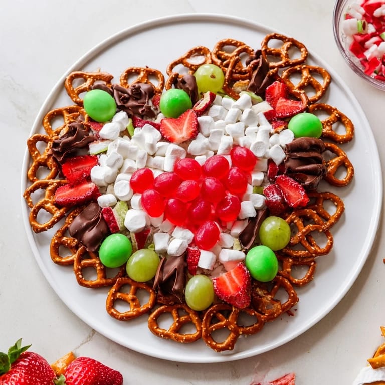 This whimsical Grinch's Heart Pretzel Board, boasts sweet and salty pretzels and fresh fruit for a party.