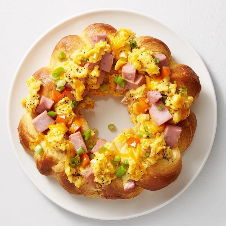 Enjoy this delicious, cheesy Wreath-Shaped Egg and Ham Bake, ideal for a crowd-pleasing American breakfast.