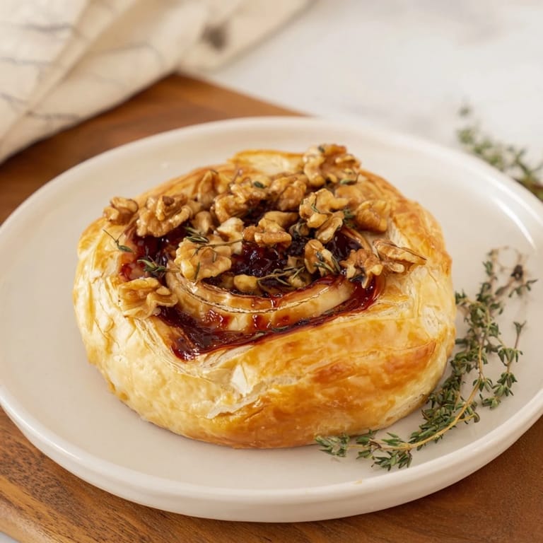 Flaky puff pastry envelops the baked Brie; a delightful appetizer served with crackers and baguette.
