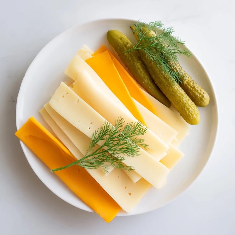Visually appealing appetizer: thinly sliced cheese alongside crisp dill pickles, ready to enjoy.