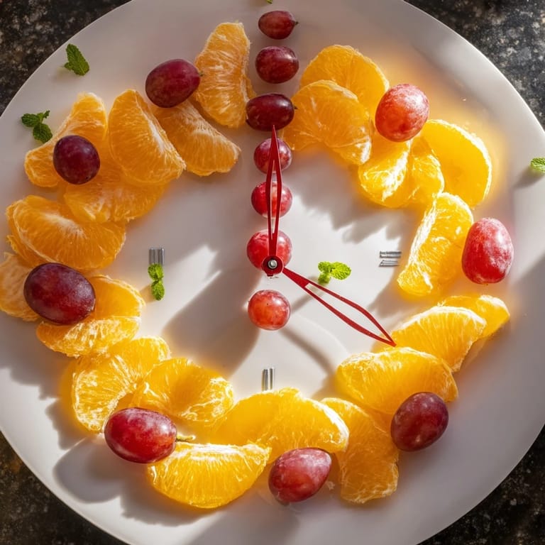 A vibrant Grape and Orange Slice Clock Face features juicy orange wedges and sweet grapes arranged beautifully for a snack.