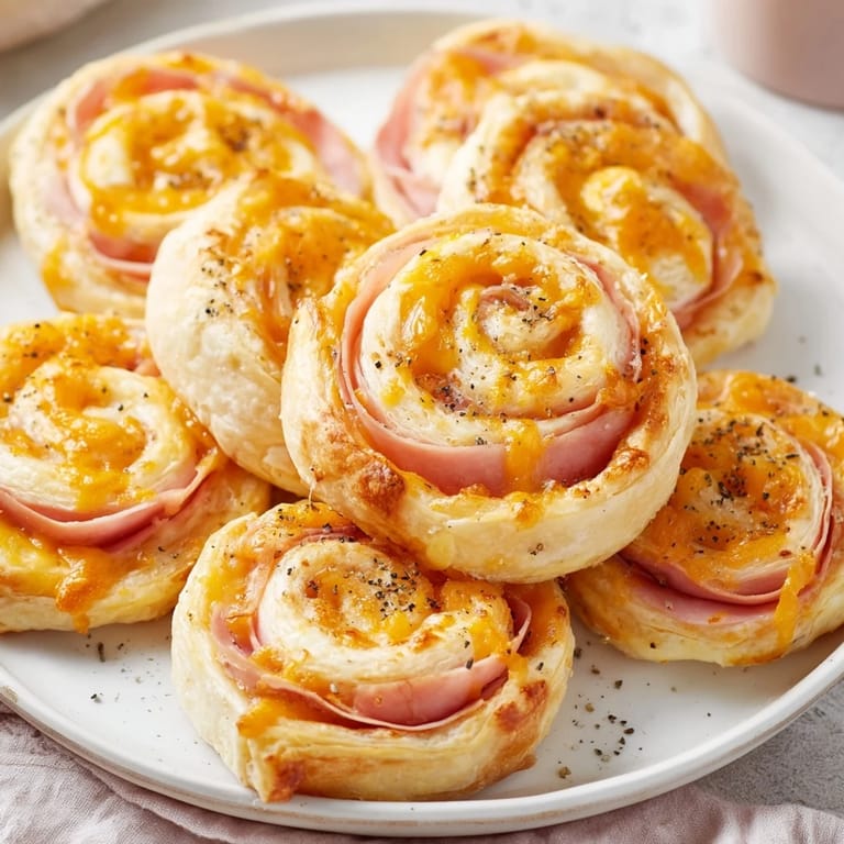Melted cheese oozes from inside these warm Savory Ham and Cheese Pinwheel Rolls with flaky, golden pastry.