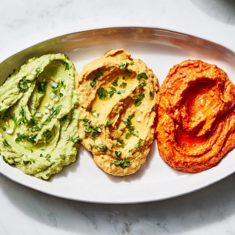 Vibrant Dip Trio platter with creamy avocado, smoky red pepper, and golden turmeric hummus appetizers.