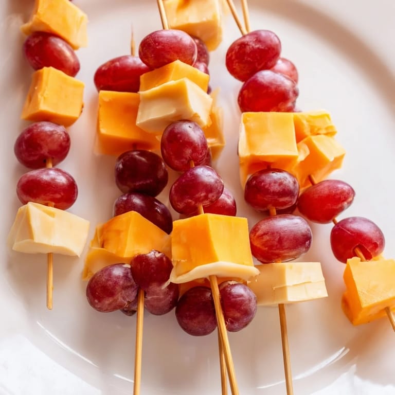 Freshly made Cheese & Grape Skewers with vibrant red grapes and various cheeses, perfect appetizer.