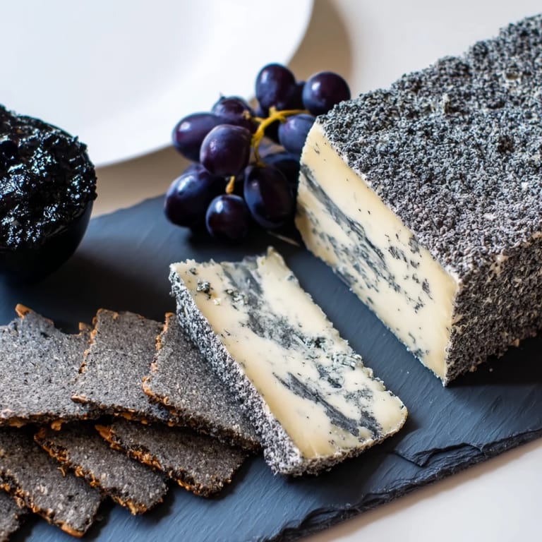 This sophisticated monochrome gray stone cheese board presents a beautiful appetizer with dark crackers.
