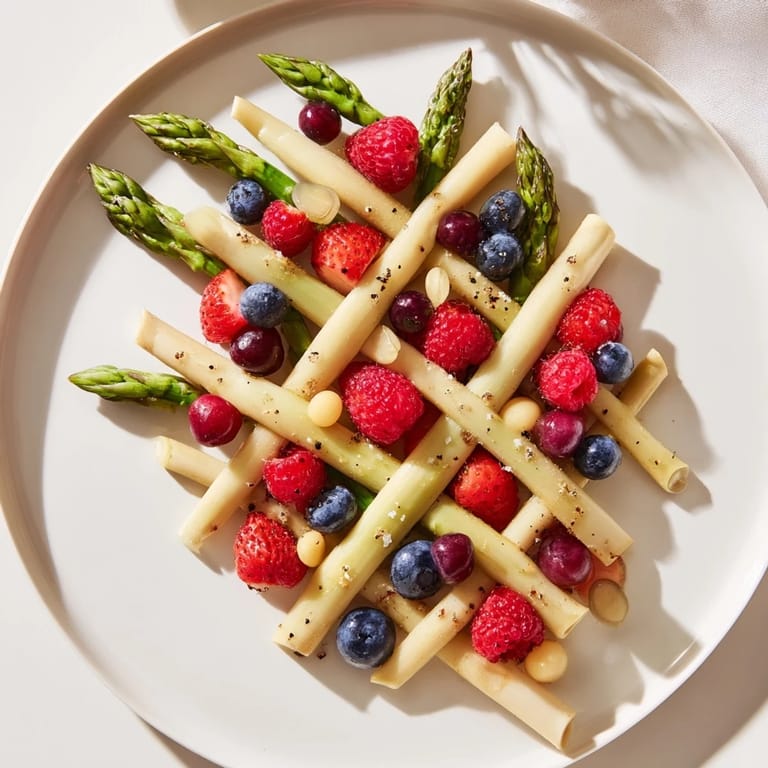 Freshly prepared The Botanical Lattice, showcasing a delicate asparagus weave filled with juicy, colorful berries.
