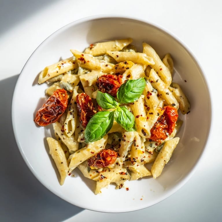 A baking dish full of creamy Boursin cheese pasta, showing the vibrant red roasted tomatoes.